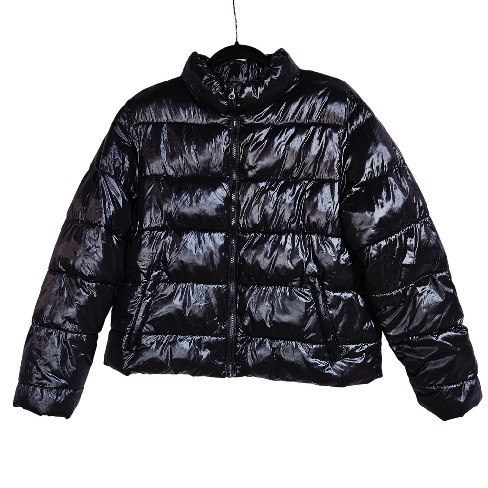 Black Shiny Wet Look Puffer Jacket Size L 12-14 Quilted Packable Streetwear Coat